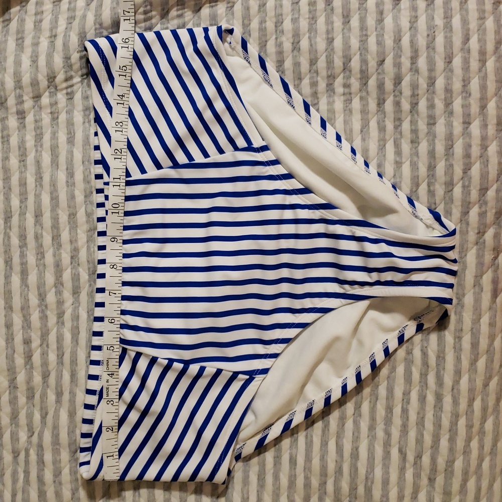 Blue and White Striped High-Waisted Bikini Bottom